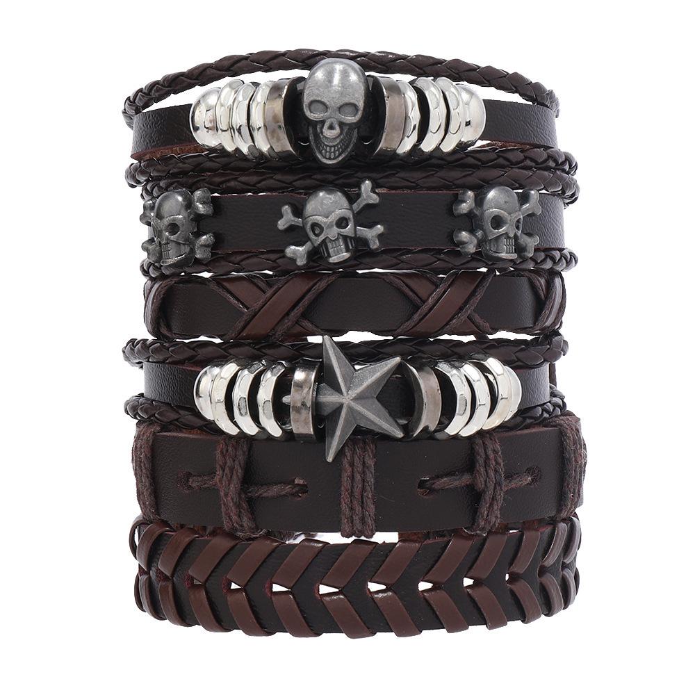 

Retro Men s DIY Lucky Star Leather Bracelet Set with Alloy Charms - Multi-layer European and American Style коричневий