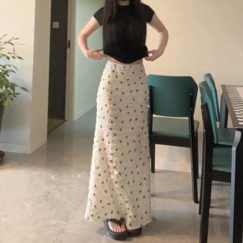 Women's White Floral Fishtail Midi Skirt - Korean-Style Hip-Hugging Design for 175-180 cm Tall Individuals