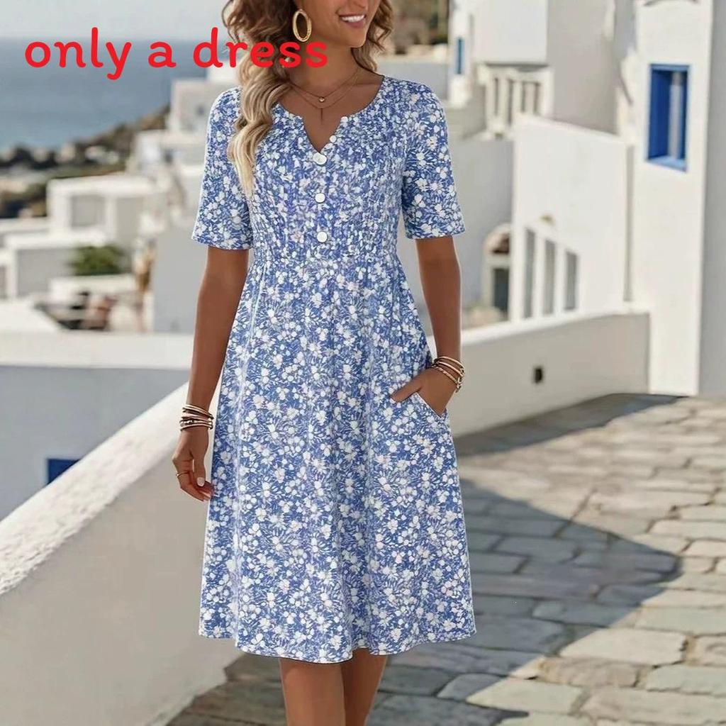 Abito Floreale Estivo con Scollo a V e Tasche per Viaggi Casual e Relax in Spiaggia