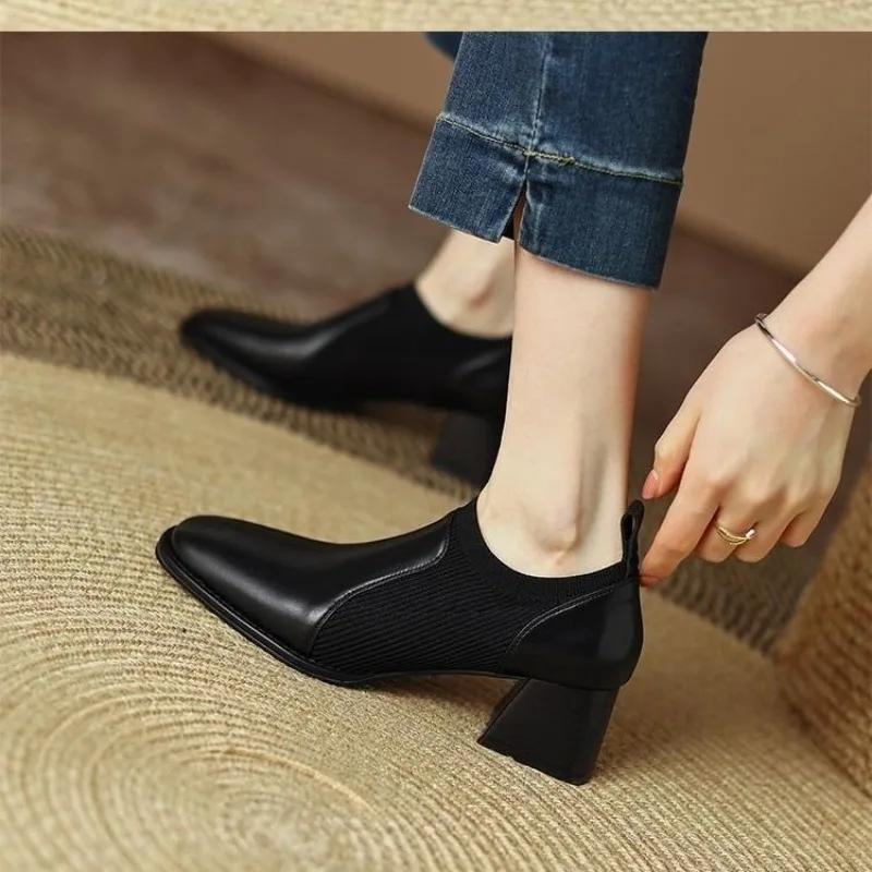 

2024 New Thick Heel High Heels Women s Spring and Autumn Naked Boots Brown Knitted British Style Small Leather Shoes 35