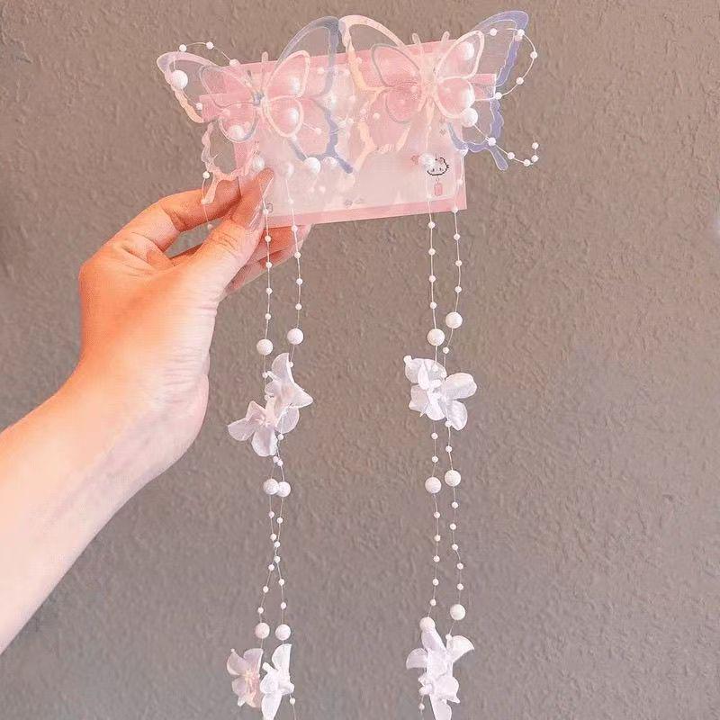 Girls' Blue Butterfly & Flower Tassel Braided Hair Chain - Baby Cornrows Clip, Hanfu Accessories