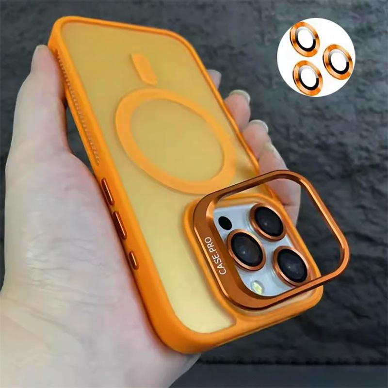 For Magsafe Stand Glass Lens Protection Phone Cases For iPhone 16 15 14 13 12 11 Pro Max Plus Shockproof Matte Magnetic Cover