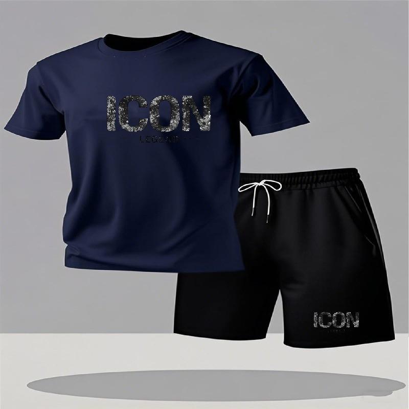 Summer Men's City Street Leisure Sports 2-piece Set Summer Fashion Round Neck Short sleeved T-shirt and Shorts Men's Set