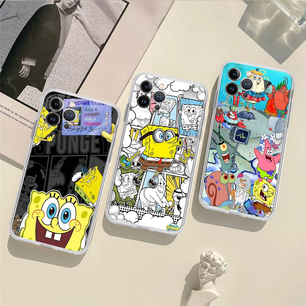 Cartoon Niedlich S-SpongeBob Anime Handyhülle Für IPhone 11 13 16 12 17 14 15 Pro Max Plus Weiche Klare Rückseite Hülle