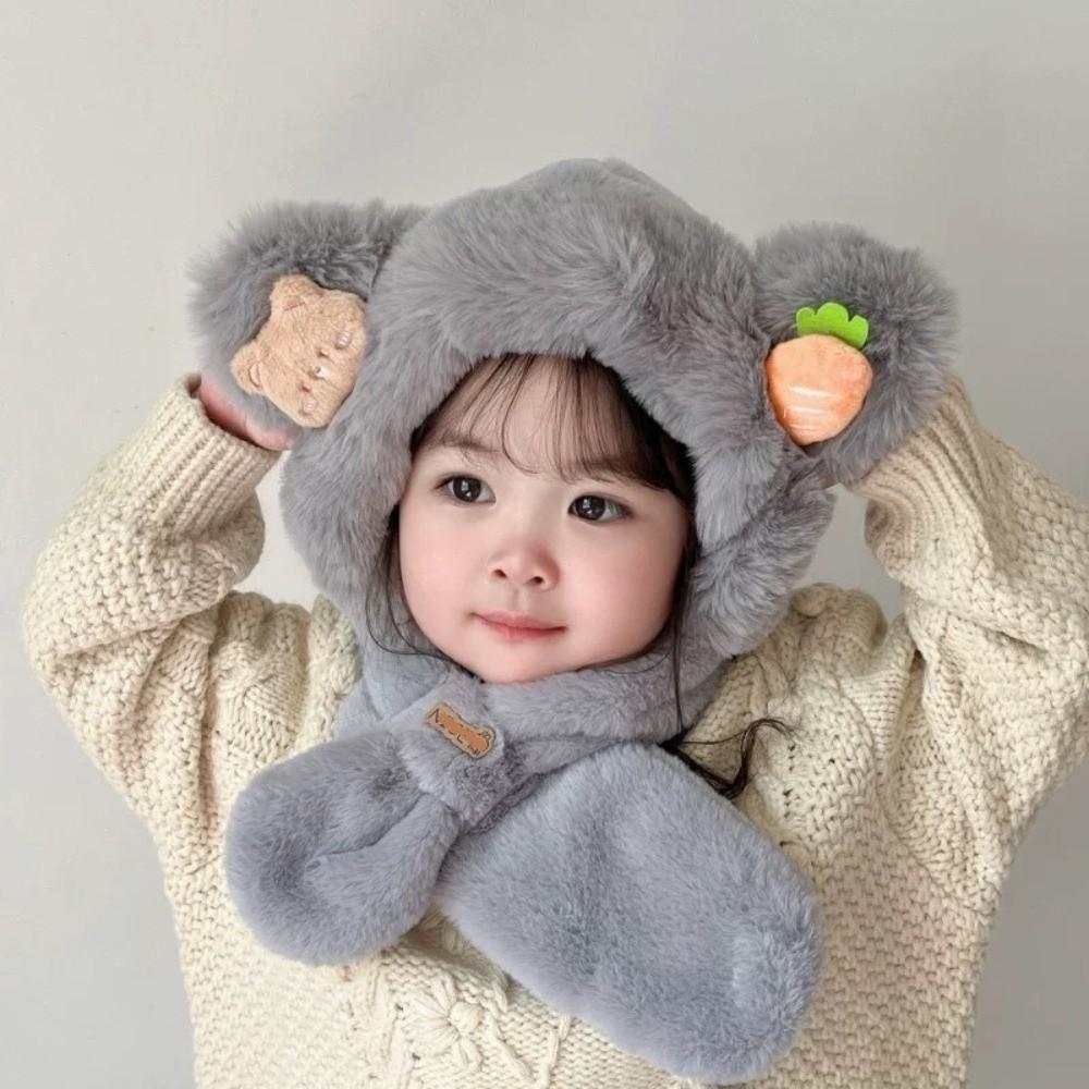 Thick Warm Kids Hooded Scarf Hat Neck Protection Winter Plush Integrated Hat  Snow