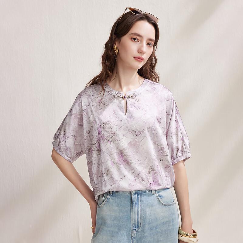 New Chinese Style Mulberry Silk Short Sleeve Top XL фиолетовый