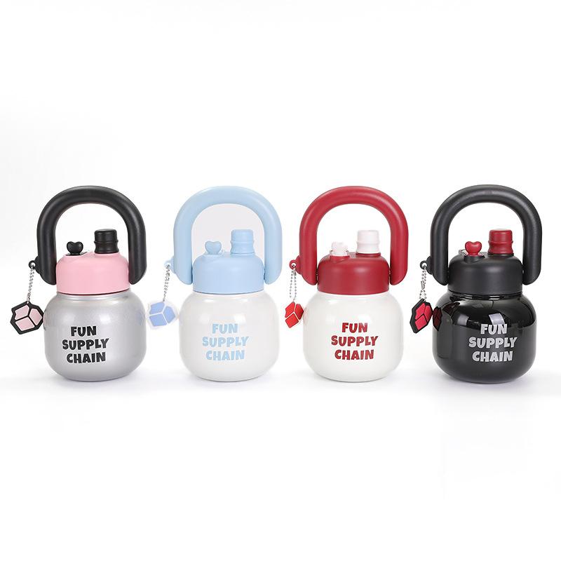 The New Double Drinking Mouth Carrying Pot Portable Girls Summer High Appearance Level Large Capacity Straw Big Belly Cup Portable Thermos Cup