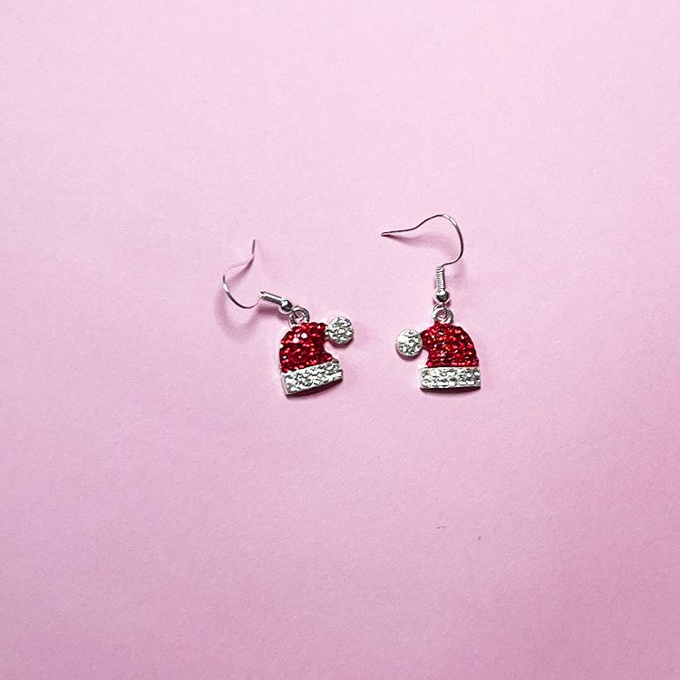 Evropský a americký horký styl vánoční náušnice náhrdelník set: Roztomilý svěží přívěsek ve tvaru vánoční čepice s plným osazením diamanty