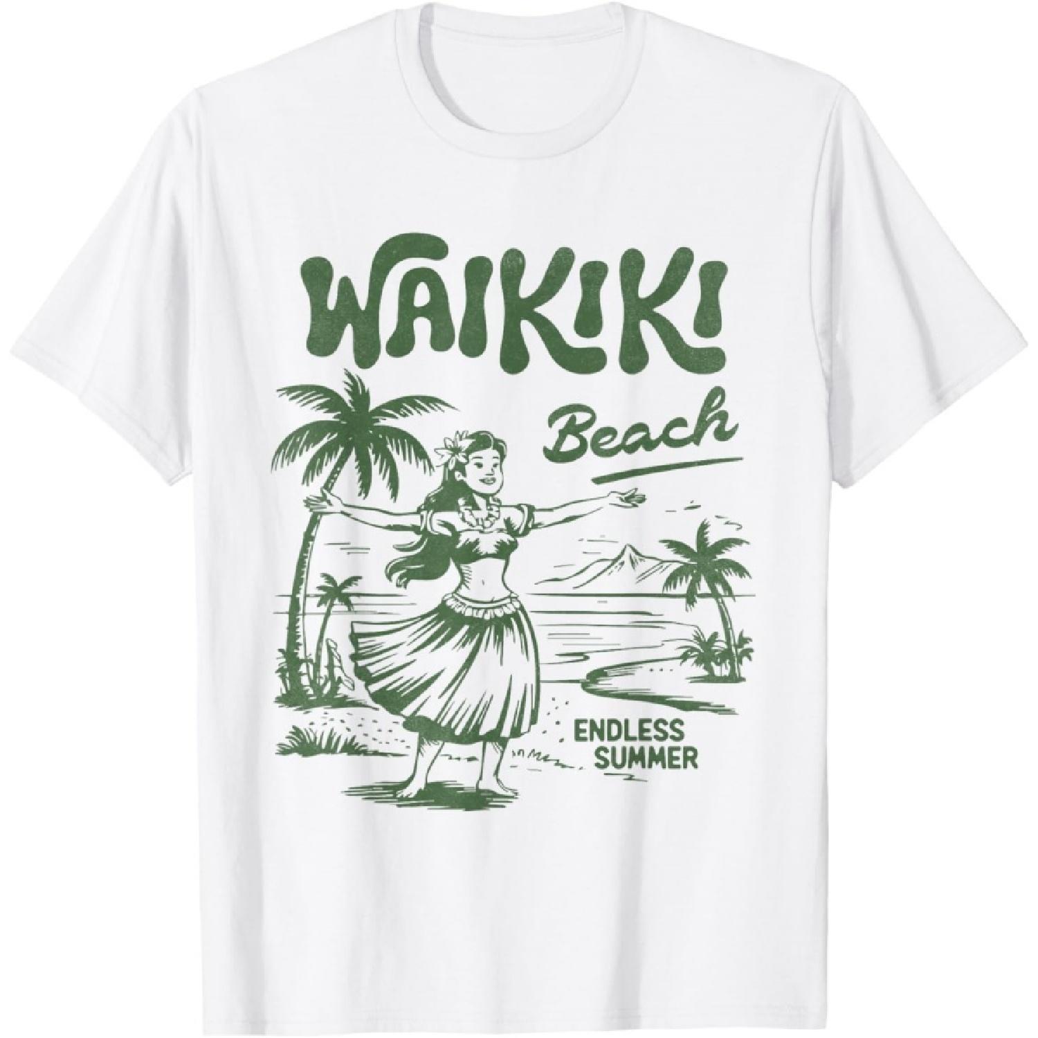 Ретро-футболка с изображением девушки-хулы из Вайкики, Гавайи, пляж, винтажный островной стиль S