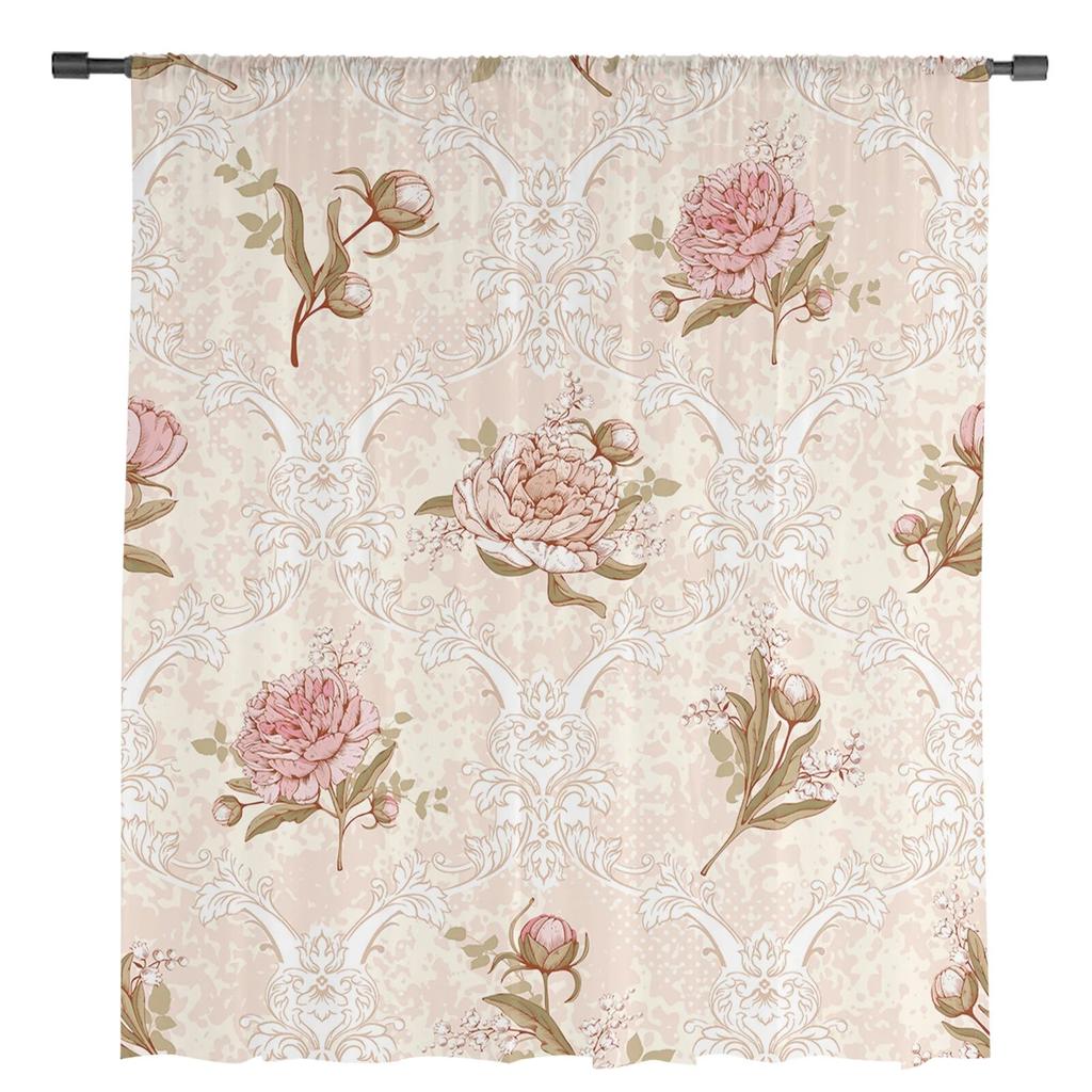 Dahlia Flower Leaves Retro Tulle Curtains For Living Room Bedroom Voile Sheer Curtain Window Home Decor Drapes