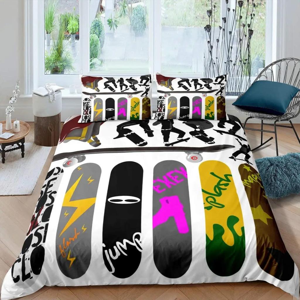 Skateboard Bettbezug Set Doppelgröße für Jungen Teenager Extremsport Bettwäsche Set Jugend Bettdeckenbezug Graffiti Stil Bettbezug