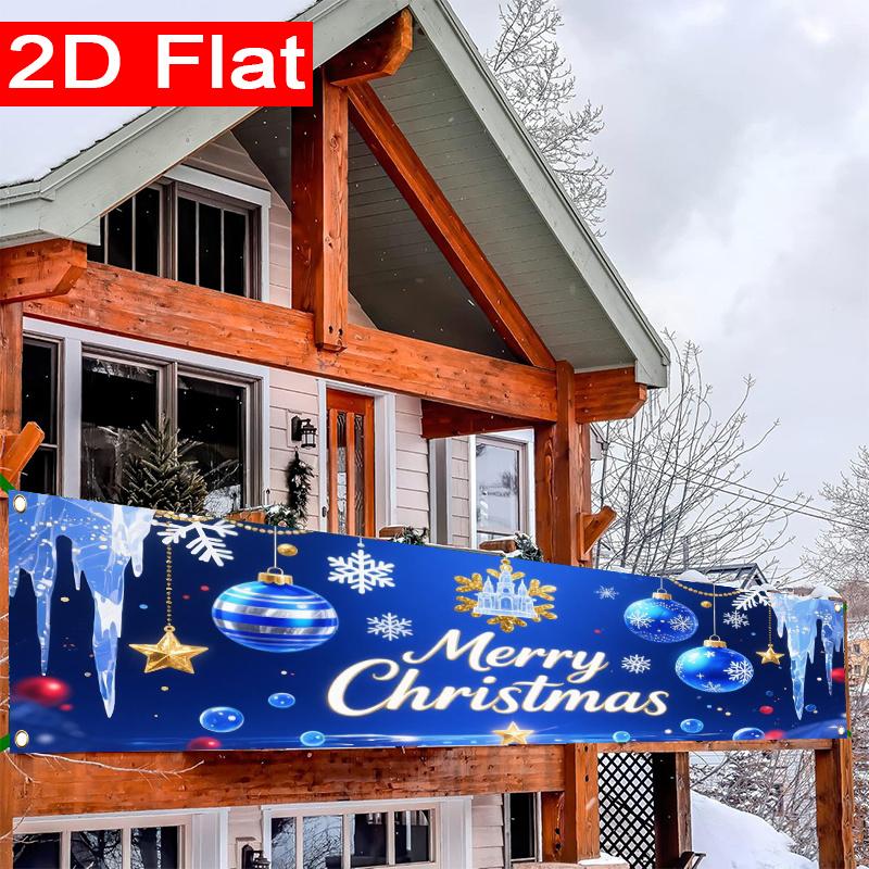 Blue Silvery Christmas Yard Banner, Merry Christmas Xmas Text Design, Polyester Outdoor Porch Fence Wall New Year Party Supplies