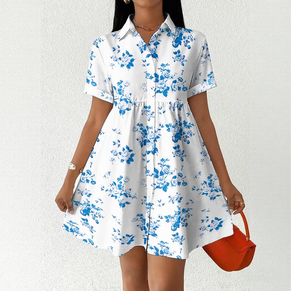Women's Casual Loose Fit Shirt Dress Button Down Collar Short Sleeve Floral Print Summer Dress