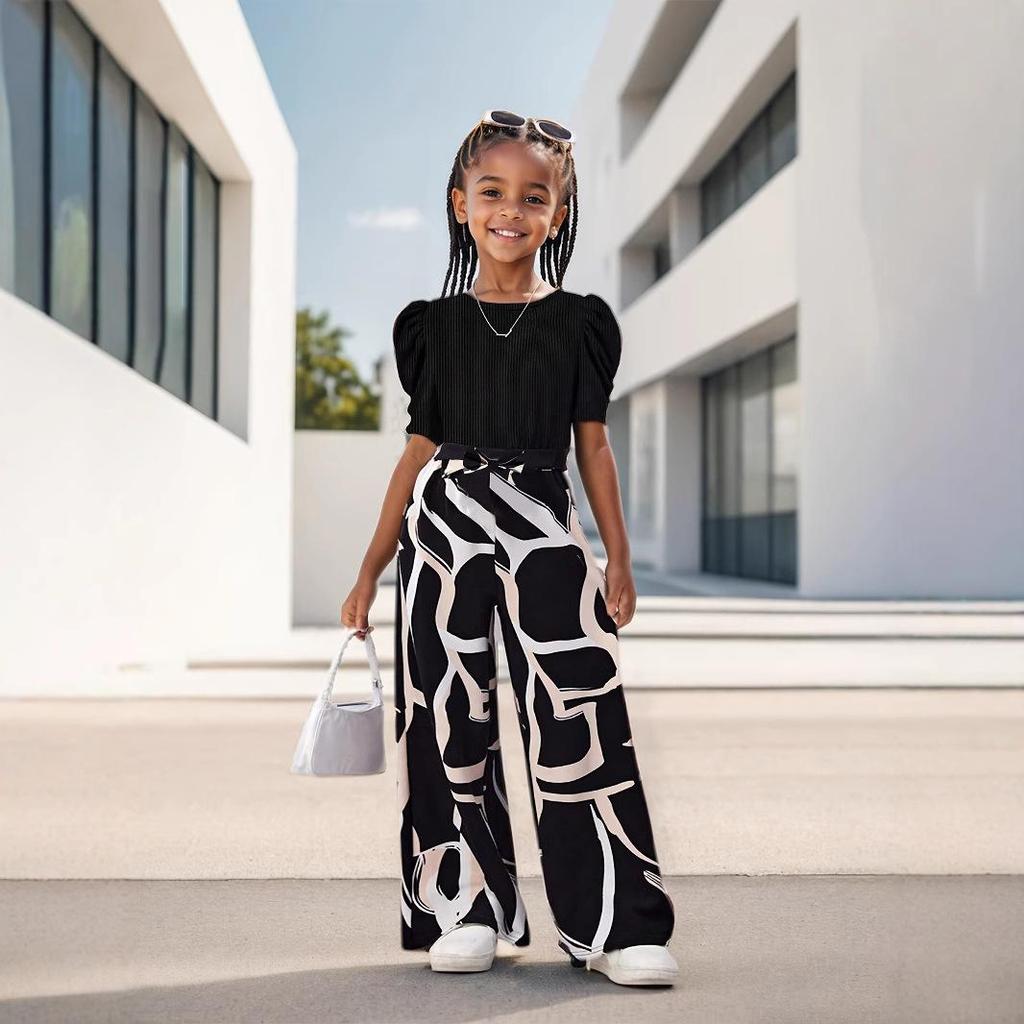 Dziewczęcy luźny top z bufiastymi rękawami i szerokimi nogawkami, kwiatowy nadruk, zestaw spodni z letnią modą dla dzieci