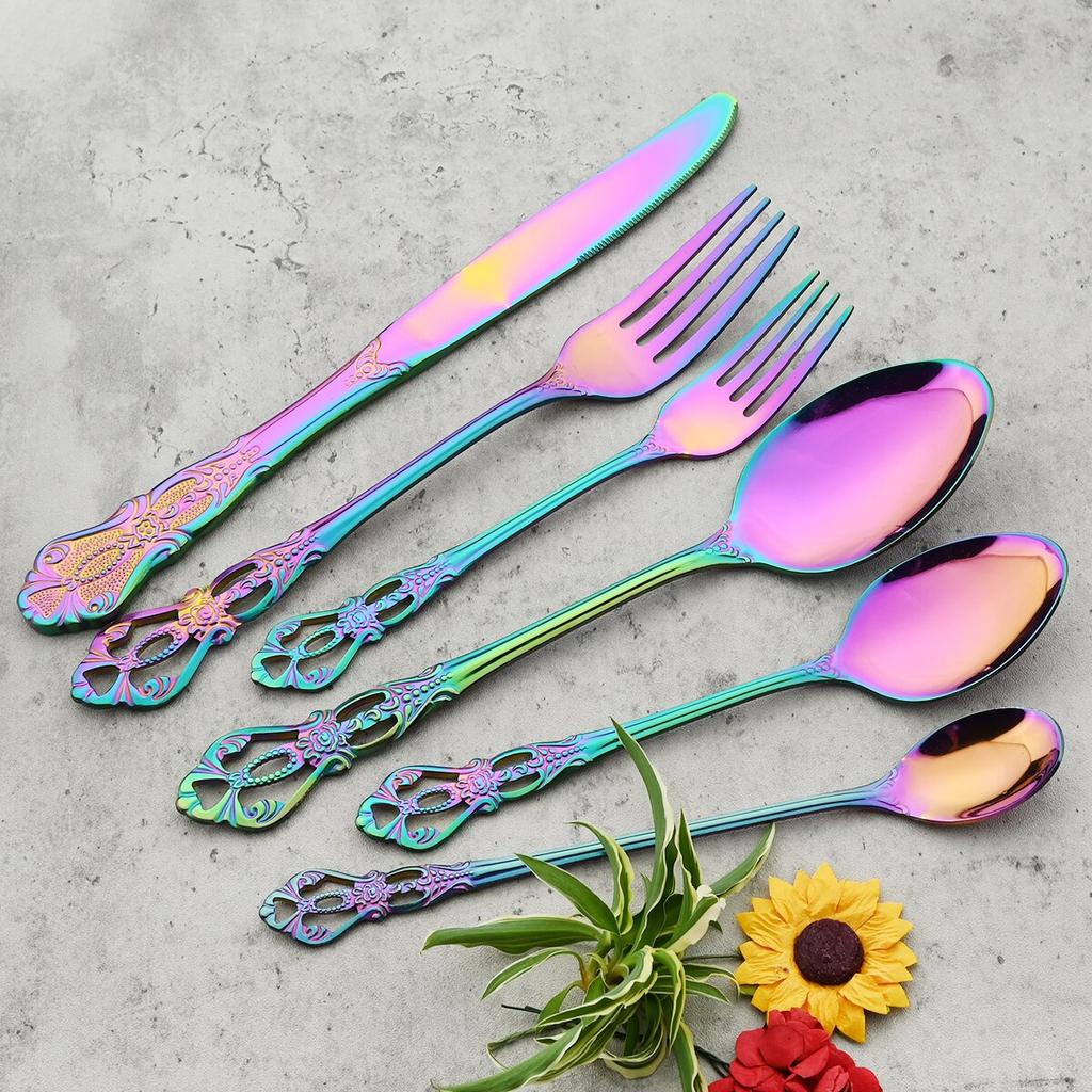 24Pcs Knife Fork Ice Spoon Dinnerware Set Colorful Stainless Steel Cutlery Set Vintage Hollow Tableware Wedding Party Silverware