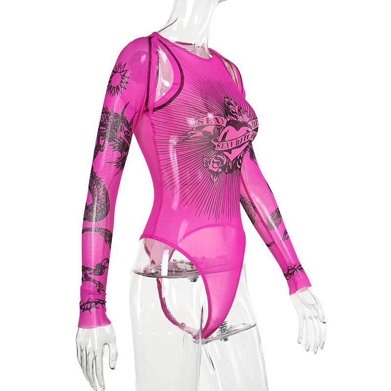 Tuta da donna a maniche lunghe con stampa hip-hop europea e americana, sexy da ragazza piccante, base, prospettiva irregolare, senso del design hollow-out