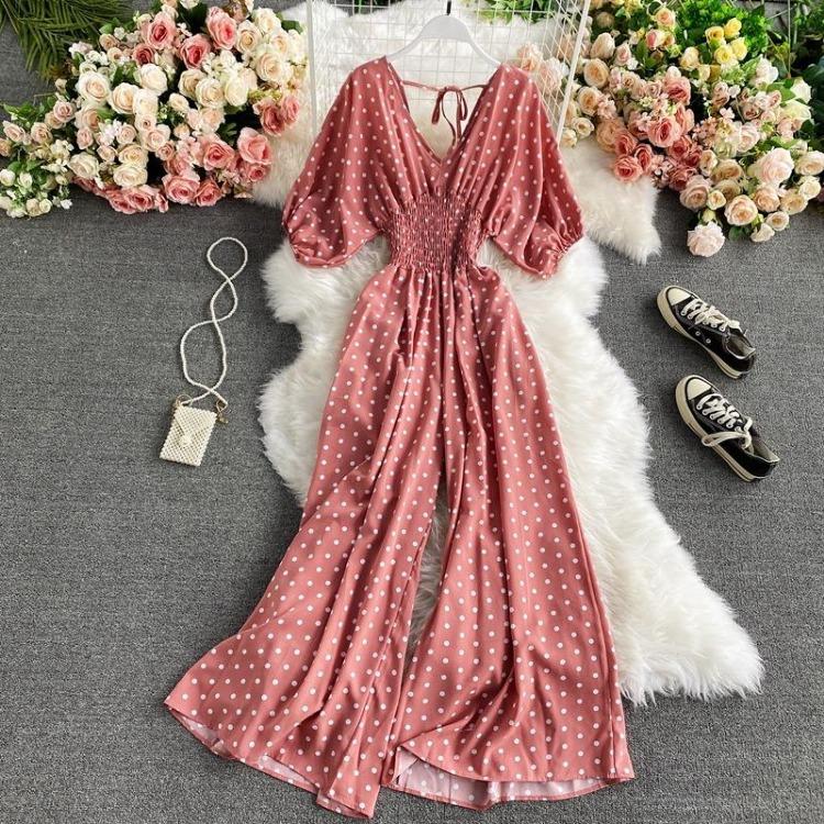 Sexy Waist Slim Jumpsuit with Dolman Sleeves Polka Dot Print Wide Leg Trousers Neck Design