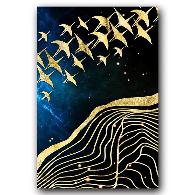 Céu noturno, lua dourada e pássaro, abstrato europeu, pôster de tela de alta qualidade, impressão de arte de parede, pintura, imagem de paisagem, decoração para casa