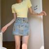 High Waist Elastic Flower Print Retro Denim Skirt Summer Spice Girl Hip Wrap Denim Skirt