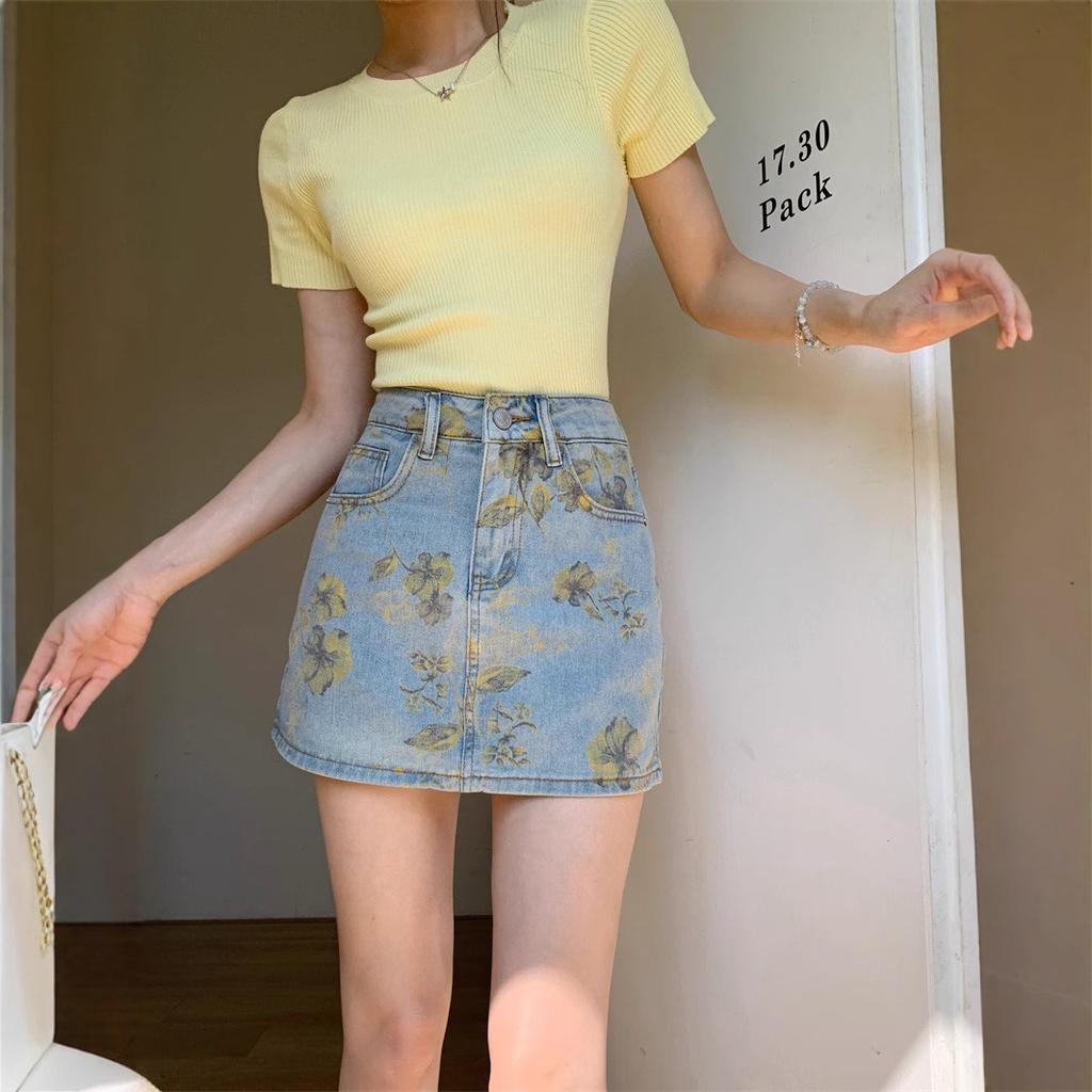 High Waist Elastic Flower Print Retro Denim Skirt Summer Spice Girl Hip Wrap Denim Skirt