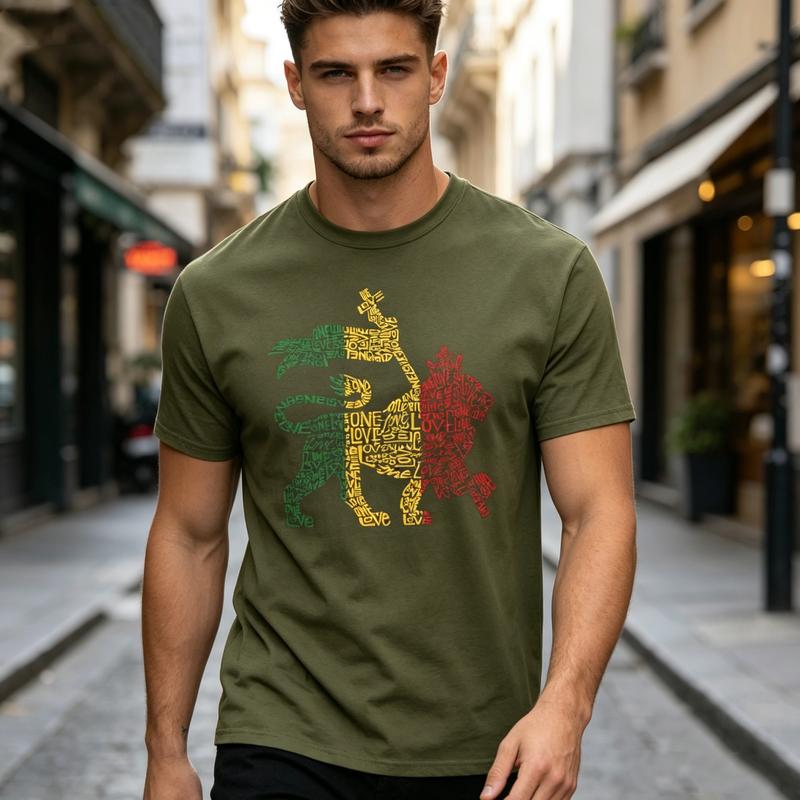 Reggae Rasta Löwe Wortkunst T-Shirt für Unisex Unisex Vintage Rockband T-Shirt Lässiges Kurzarm Oberteil
