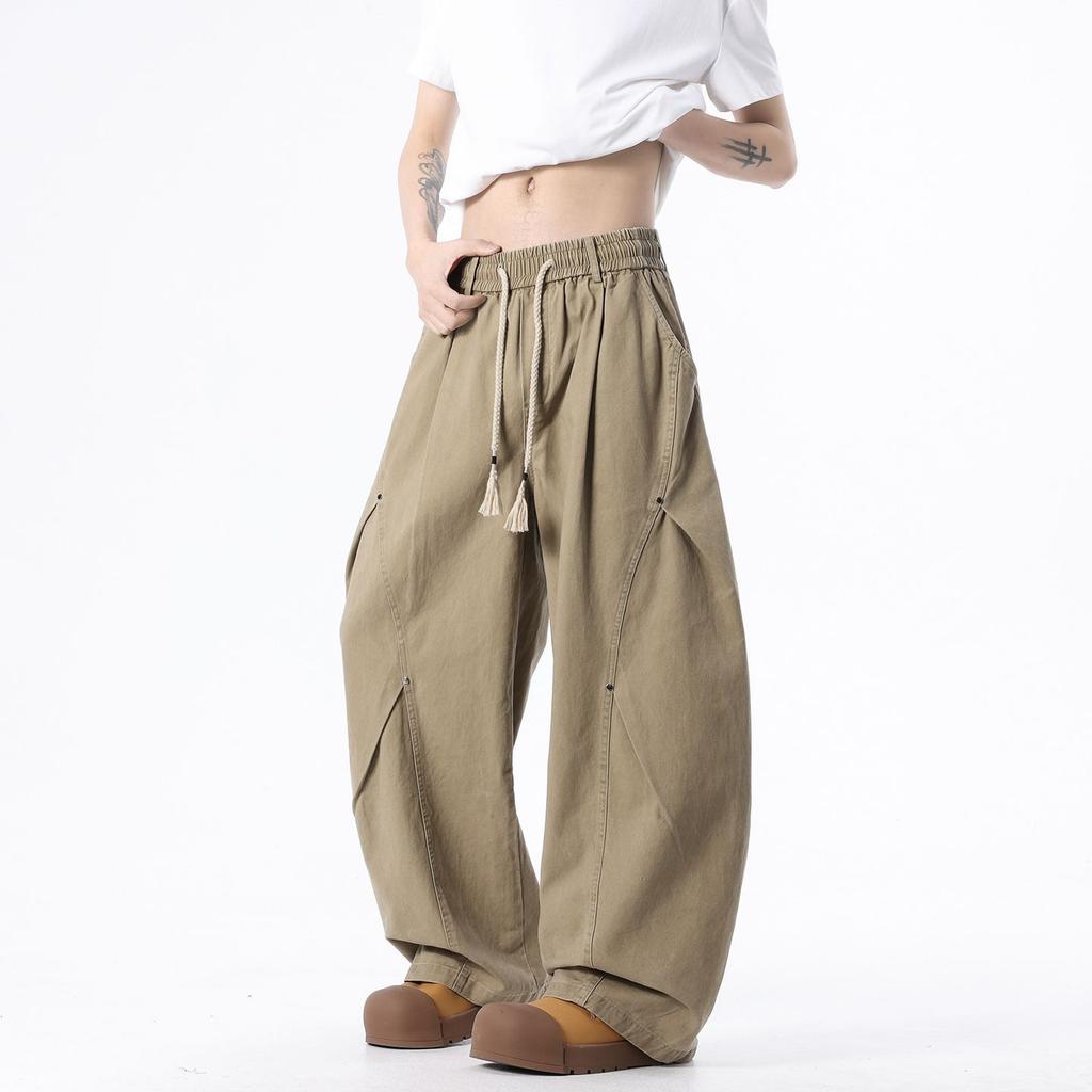 Spring and Summer New European, American and Japanese Khaki Scimitar Pleated Tooling Loose Straight Casual Pants Men's Pants