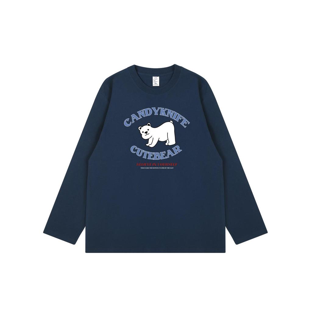 Korean INS Style Cartoon Print Couple Long Sleeve T-Shirt - Autumn/Winter, Pure Cotton, Loose Fit, Round Neck Top