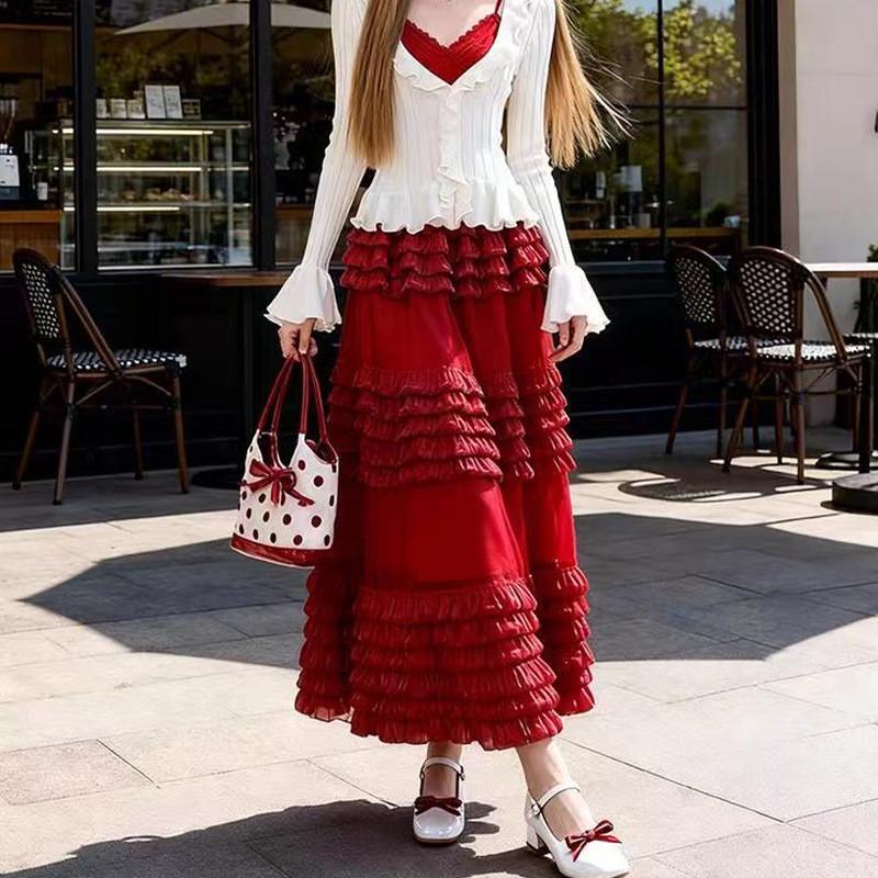 Qooth Ruffle Tulle Maxi Skirt Layered Cake High-Waisted Skirt French Ethereal Style for Party QT2860