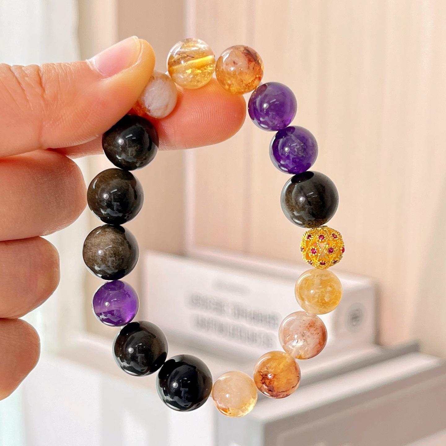 Natural Honey Milk Cap Citrine Amethyst Obsidian Bracelet