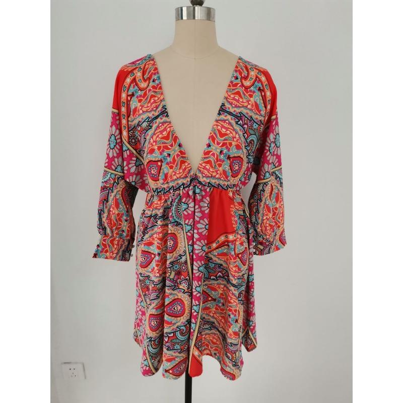 Women's Sexy V-neck Waist Print Boho Dress