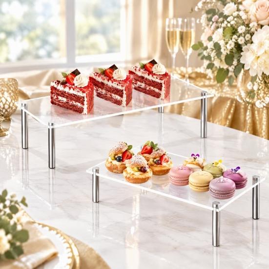 Modern Tabletop Show Case Acrylic Cake Stand, Multi-Tier Food Display Clear Cupcake Holder, Sturdy Handcrafted Item Shelf Adjustable Metal Support for
