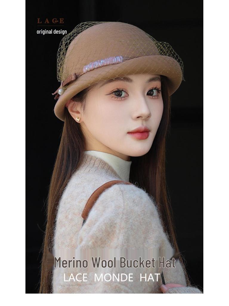 Women's Versatile Retro Elegant Dome Wool Felt Beret with Mesh Decoration - 2024 Autumn/Winter Collection