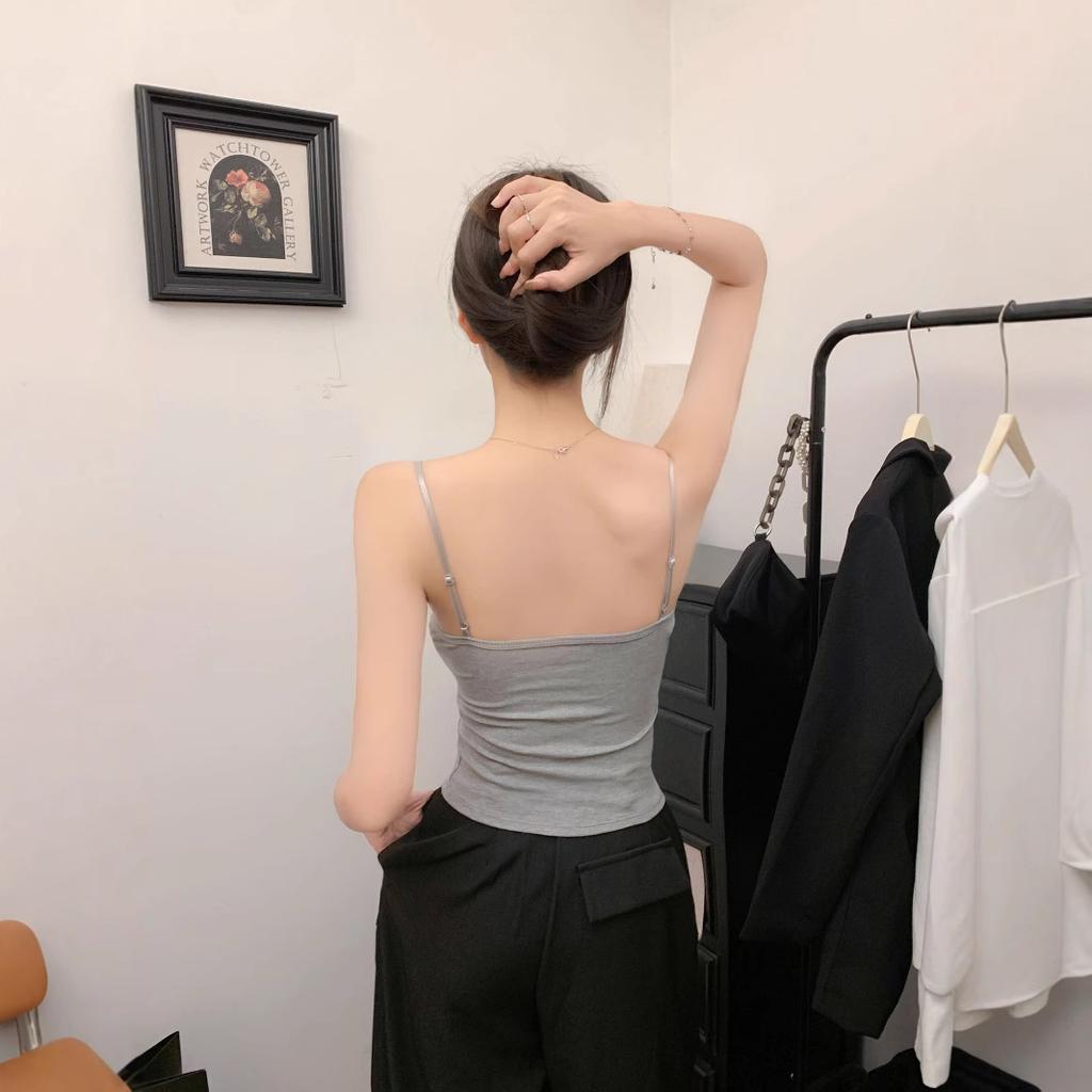 #Spice Girl Tight Lace Edge Splicing Small Suspender Vest Female Pure Desire Off-the-shoulder Thin Top with Chest Pad