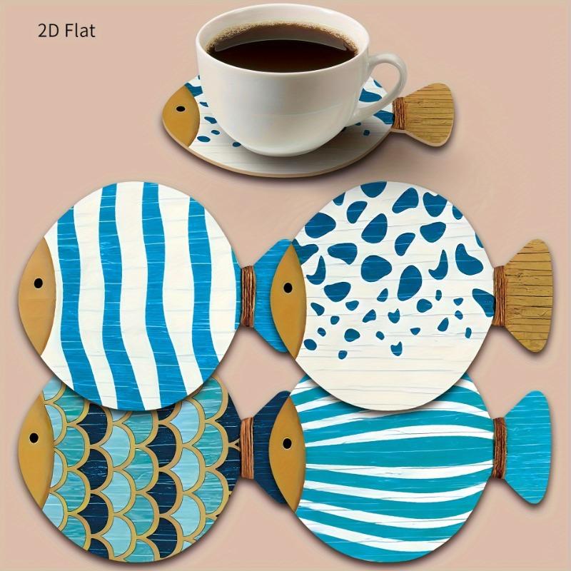 4pcs Whimsical Fish-Shaped Wooden Coasters - Vibrant Blue & White Patterns, Heat-Resistant, Perfect for Coffee & Tea Lovers