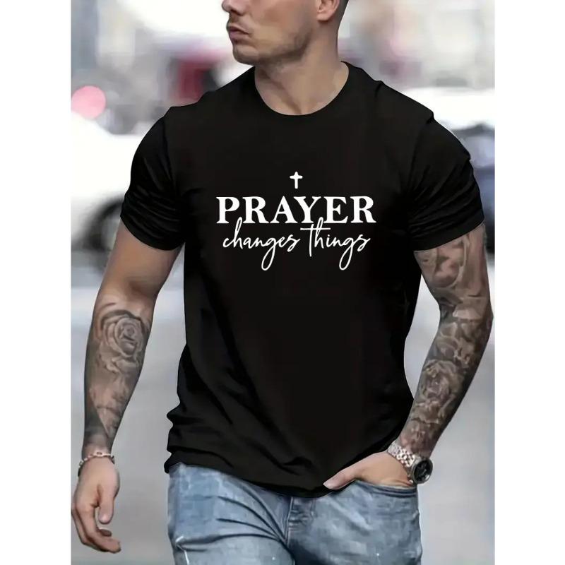 

European sizes Prayer Print Men s Creative Top, Casual Short Sleeve Crew Neck T-shirt, Men s Clothing For Summer Outdoor S чёрный