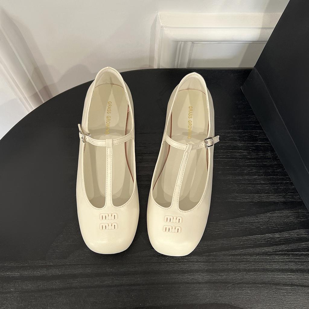 Sheepskin Version~ Genuine Leather French Sweet Single Shoes Women's Flat Shoes Retro White Versatile Mary Jane Shoes Small Leather Shoes