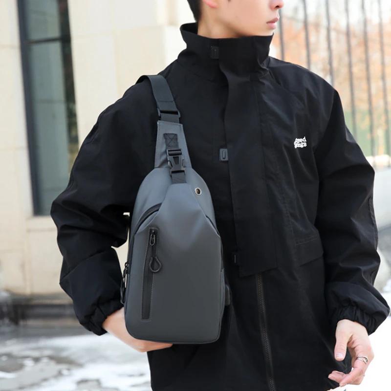 Men Bag Fashion Solid Color Men Chest Bag Outdoor Casual Fashion One Shoulder Crossbody Bag Nylon USB Charging Shoulder Bags