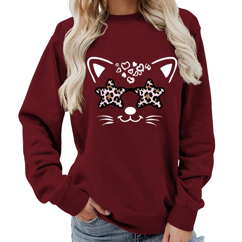 Leopard Print Round Neck Women's Hoodie - Autumn/Winter Casual Loose Fit, European Size