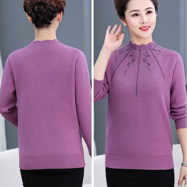 Women's Plus Size Sweater Winter Half-Turtleneck Solid Color Rhinestone Knit Pullover Sweater