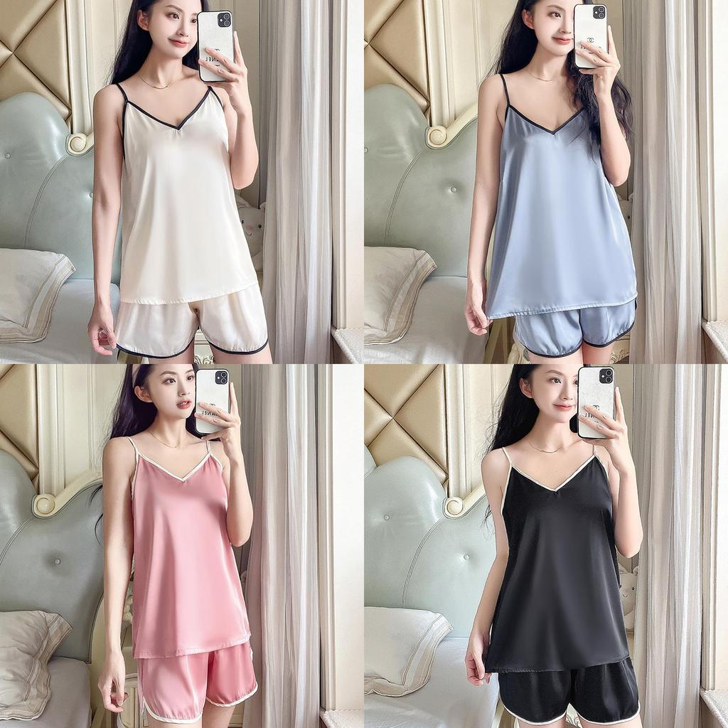 Ladies Silk Sleepwear Set With Vneck Sleeveless Pajamas And Shorts For Home And Lounge
