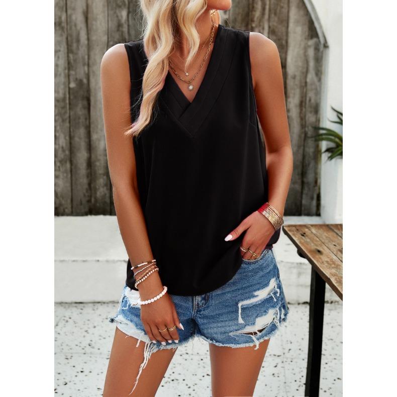 GMXIA Women's Spring and Summer Casual Solid-color V-neck Sleeveless Top T-shirt