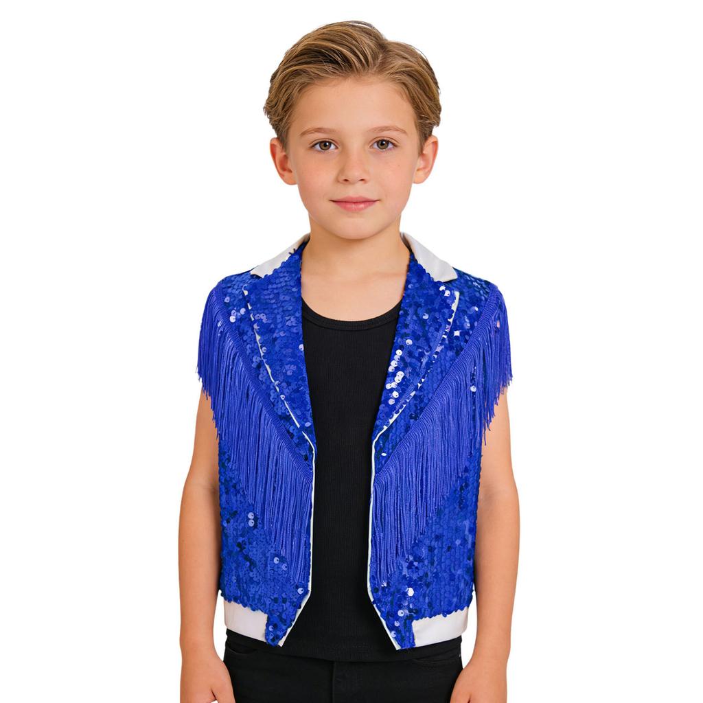 Gilet de Performance Scénique Danse Jazz pour Garçons à Franges Paillettes Scintillantes Revers de Couleur Contrastante Haut Sans Manches