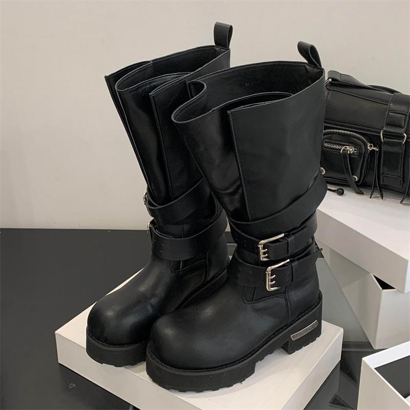 

Fashion Eilyken Designer Buckle Strap Round Toe Woman Knee-High Boots Fashion Square Low Heels Long Booties Spring Autumn Female Shoes 35 чорний