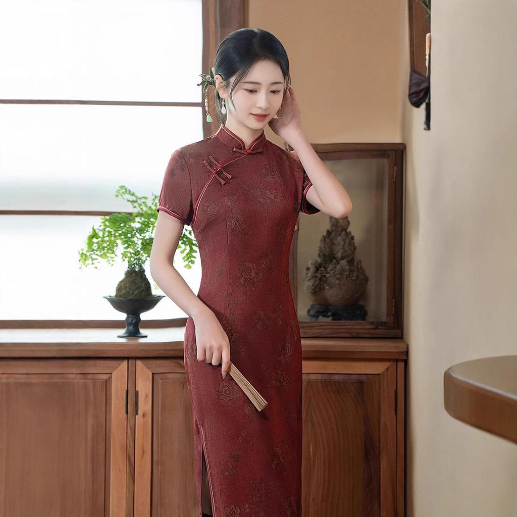 1011 New Summer Improved Short Sleeve Female Middle-aged Mom New Chinese Medium and Long Slim High-end Acetate Satin Cheongsam