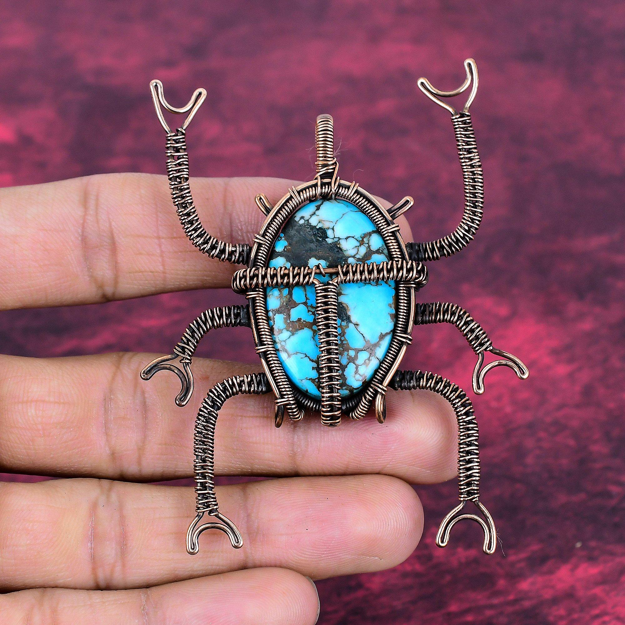 Tibetan Turquoise Pendant Beetle Jewelry Copper Wire Wrapped Gemstone Pendant