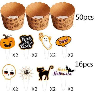 1Set Cake Toppers Halloween Cupcake Toppers Cake Insert Cards for Party Decor and 50pcs Cake Cup.