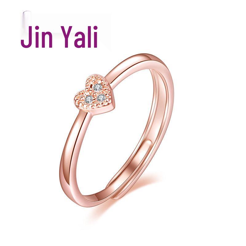 Jin Yali Korean Heart-Shaped Diamond-Inlaid Open Silver Ring - 925 Copper Jewelry