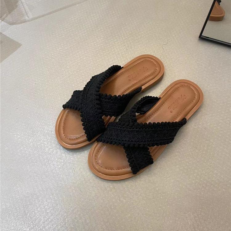 Papuci etnici cool 2025 nou vară vintage împletiți încrucișați boem student plat pantofi romani