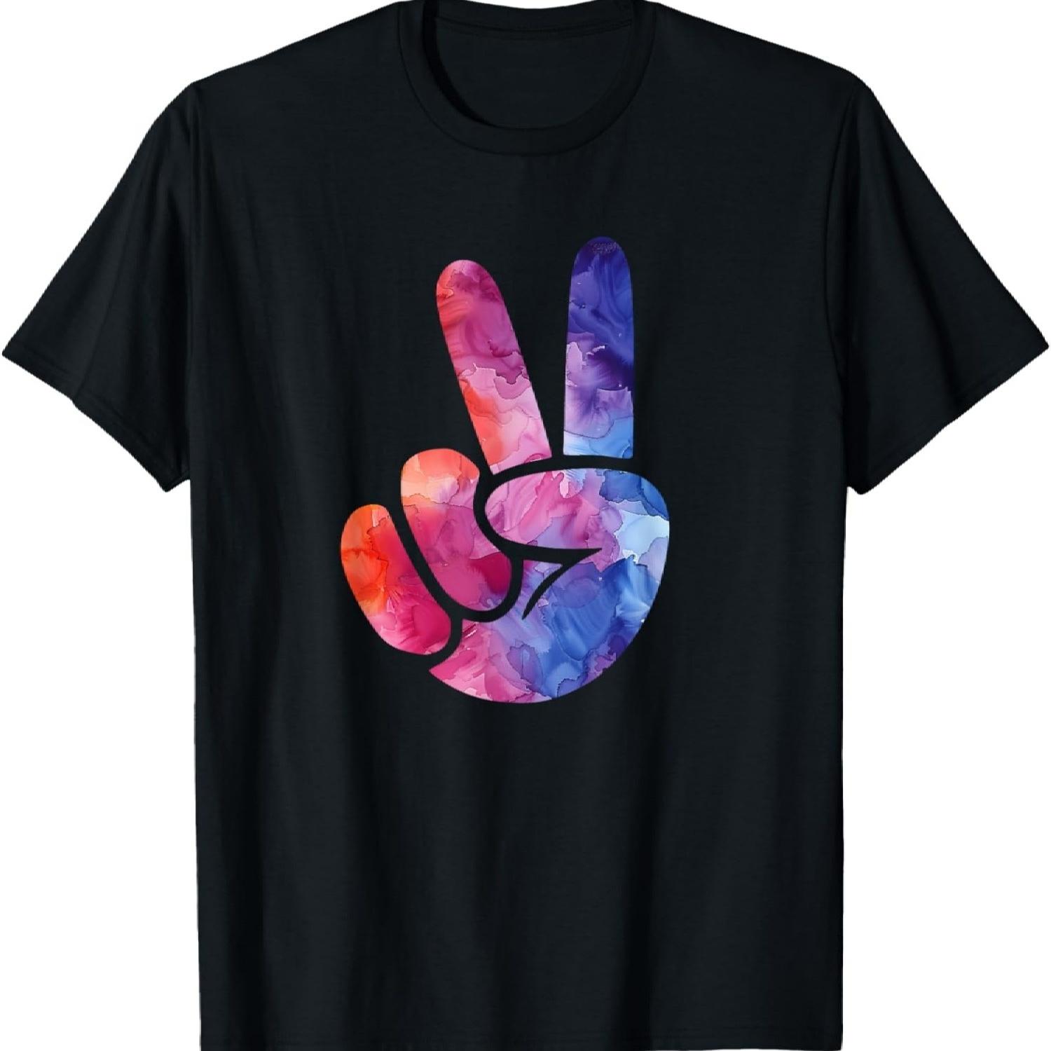 Цветная Силуэтная Цветная Арт Акварель Знак Мира Рука Футболка(15) S чёрный