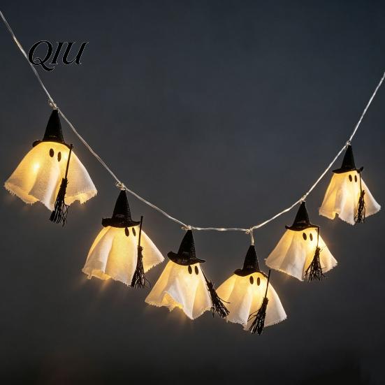 Reusable Holiday Seasonal Lights Halloween Ghost String Light, Hanging Fabric with Wizard Hat, Party Atmosphere Lighting Glowing Fairy for Fireplace